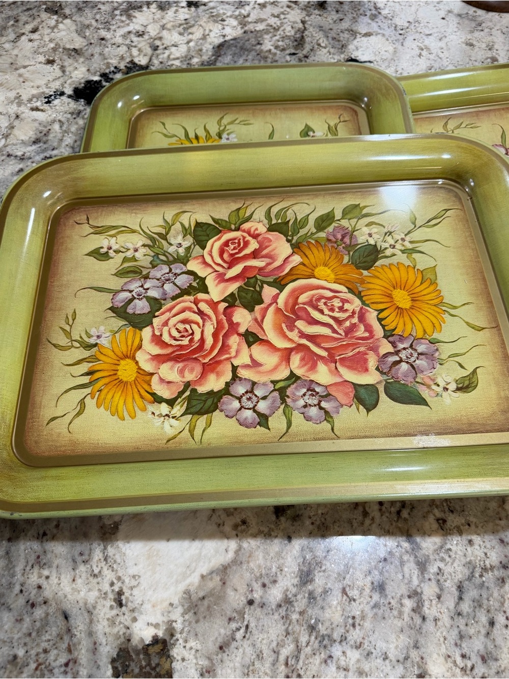 Set of 4 Vintage 1970s Floral Metal Serving Trays Avocado Green Roses 17.5”